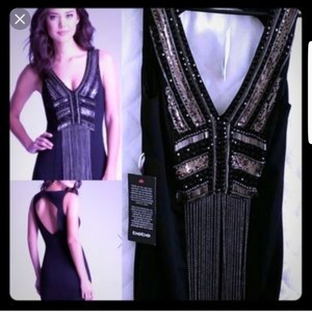 BEBE FRINGE CHAIN SILVER BLACK DRESS NWT - Picture 2 of 9